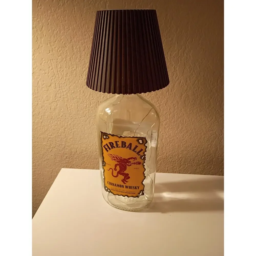 Fireball Glass Bottle Table Lamp with Brown Cone Shade, Rechargeable